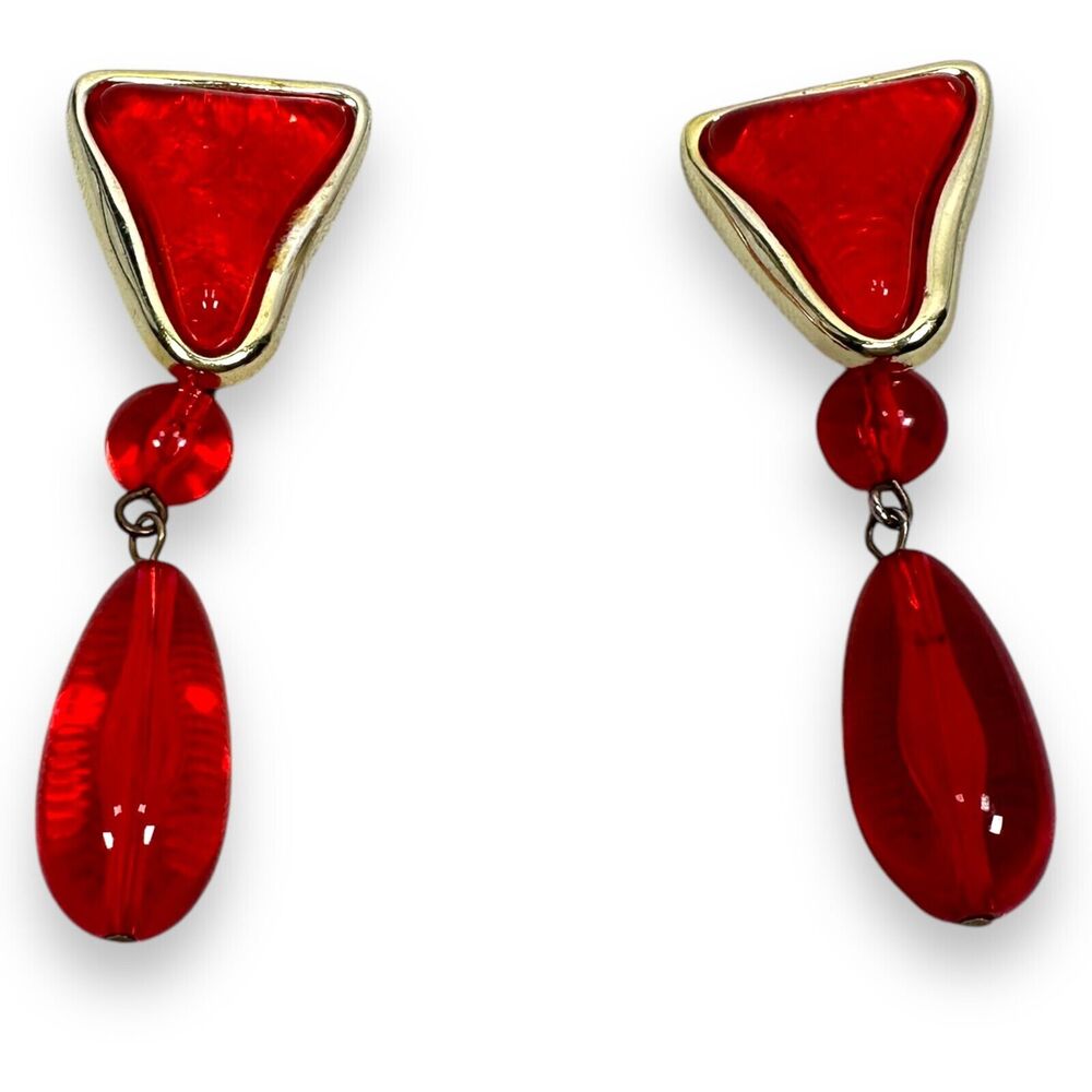 Vintage Women's Fashion Costume Jewelry Drop Dangle Earrings Gold‎ Tone Red Bead